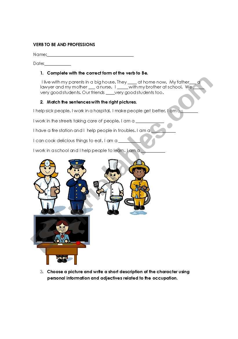 verb to be and professions worksheet