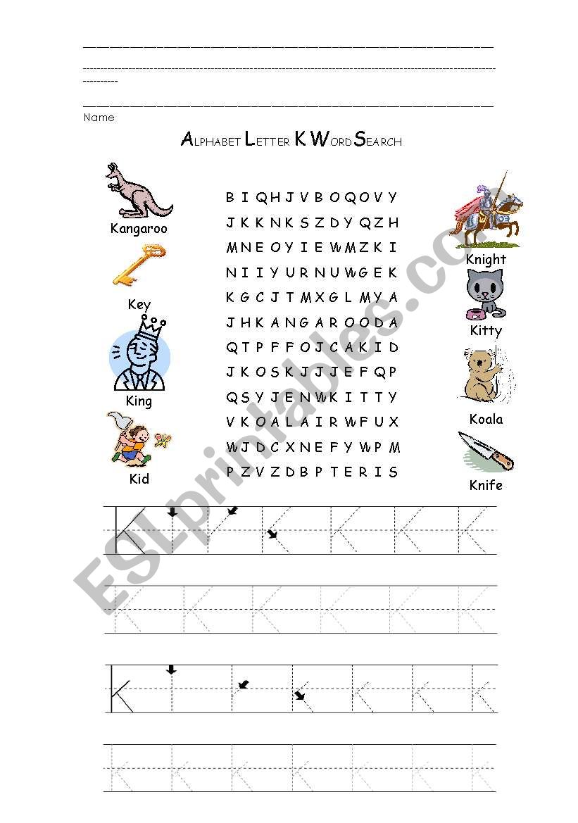 Wordsearch of K letter worksheet