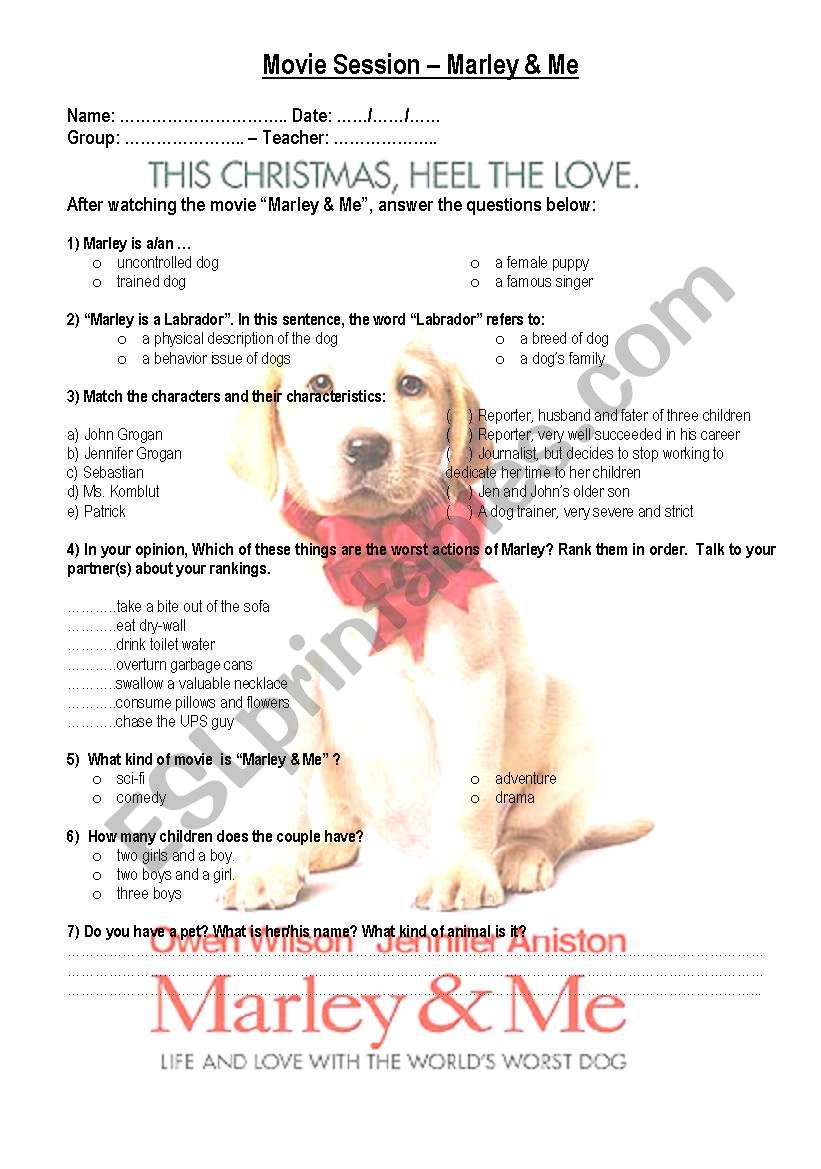 Marley and me  worksheet