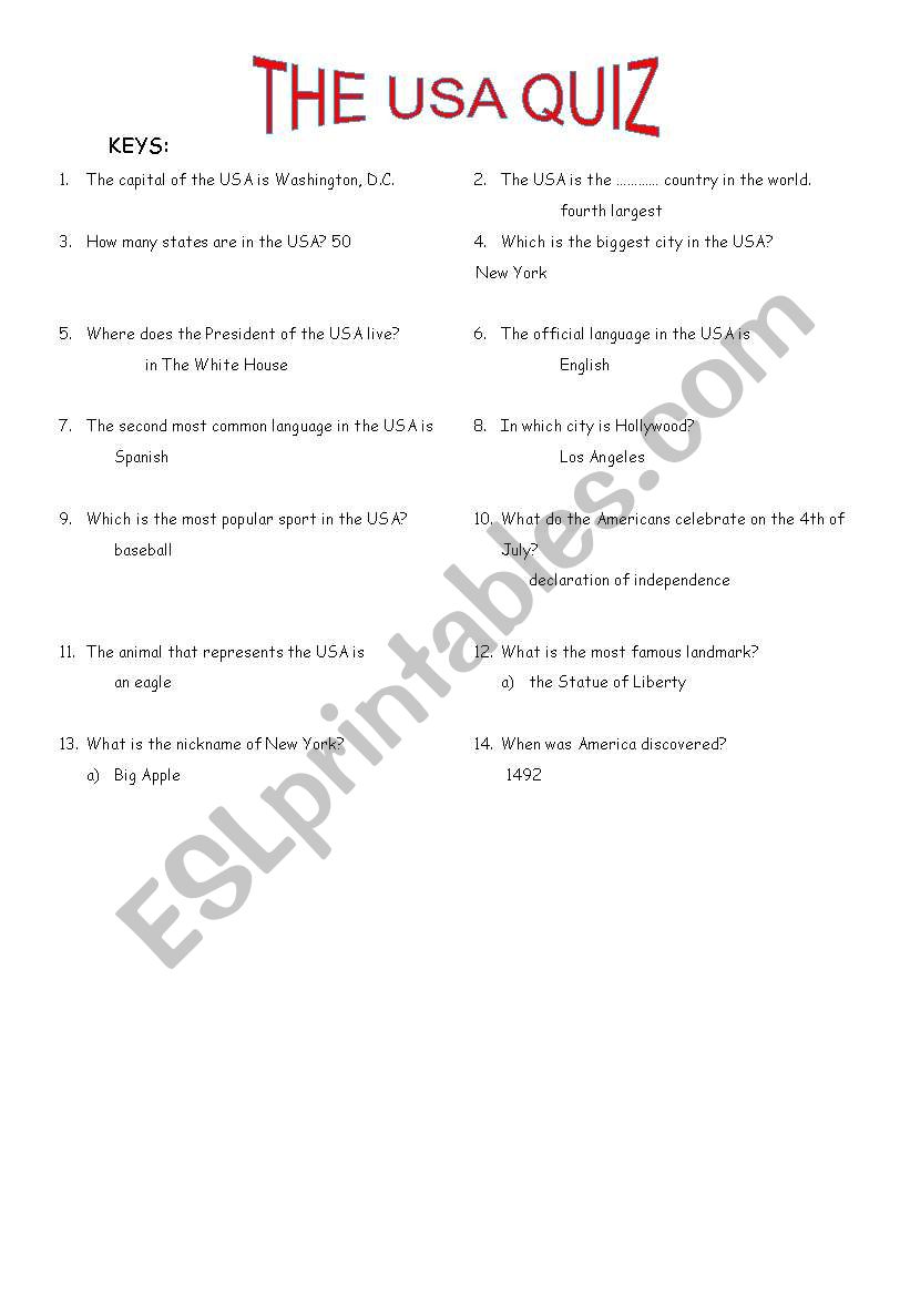 Usa quiz keys worksheet