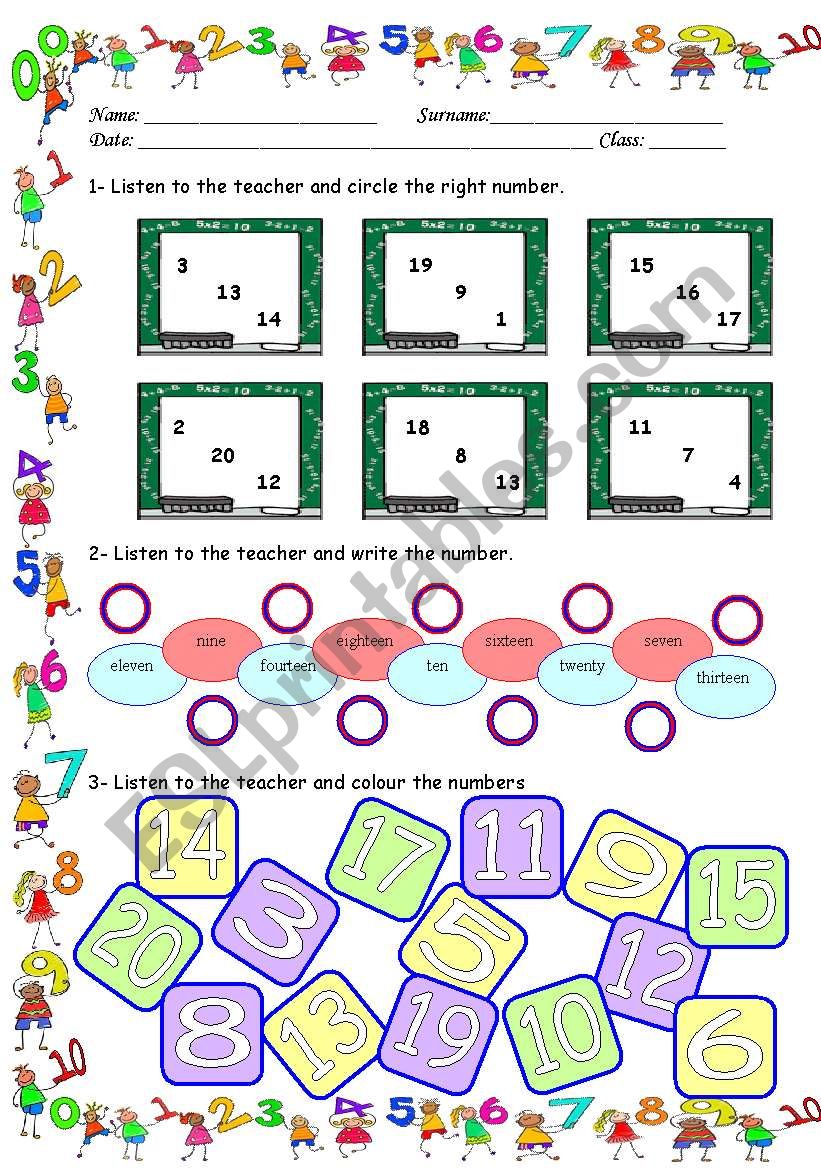 numbers 1-20  B&W version worksheet