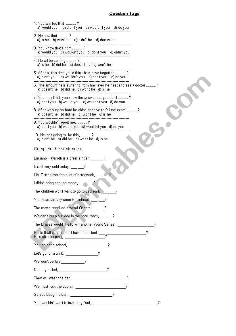 question tags esl worksheet by anapdros