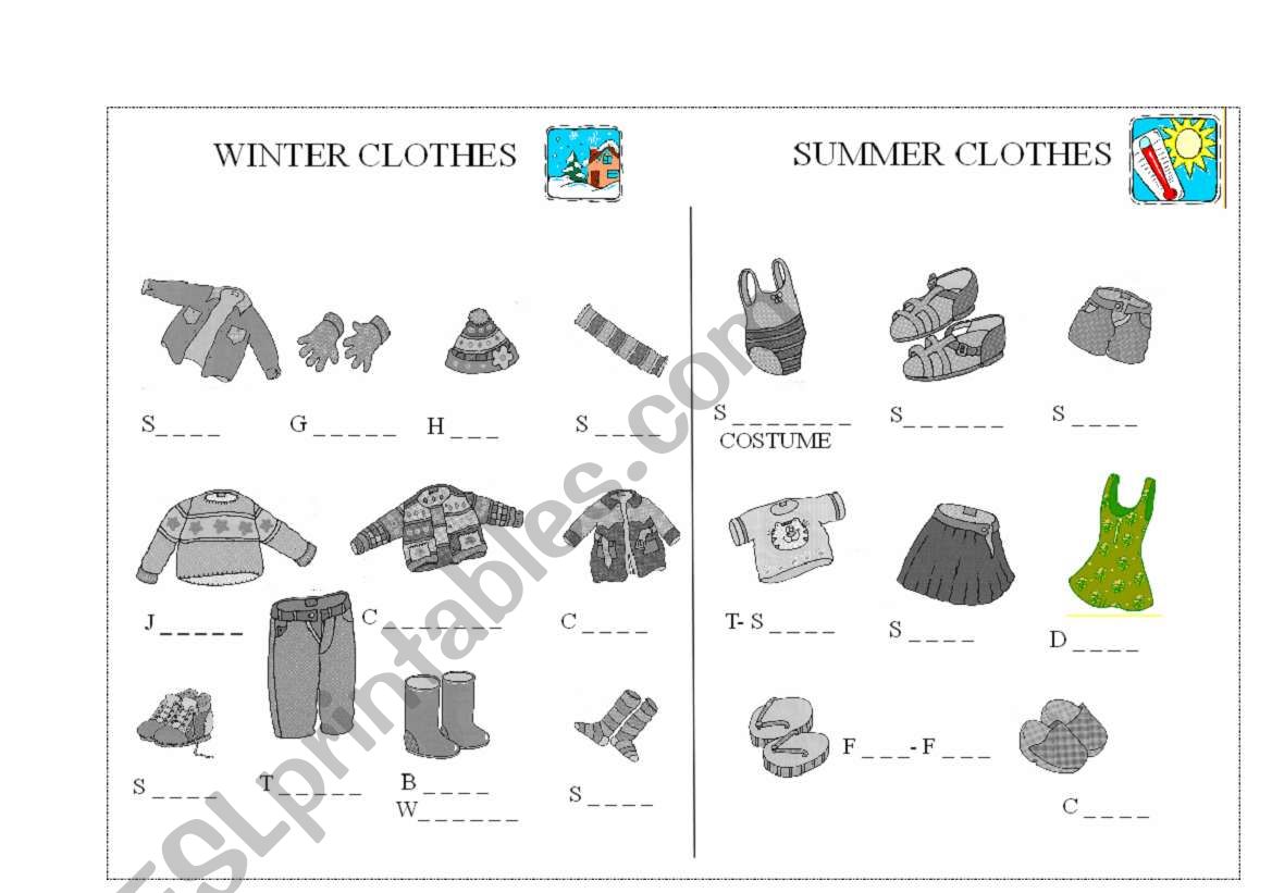 Winter and summer clothes worksheet