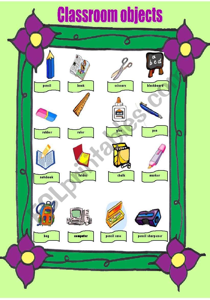 Classroom objects pictionary worksheet