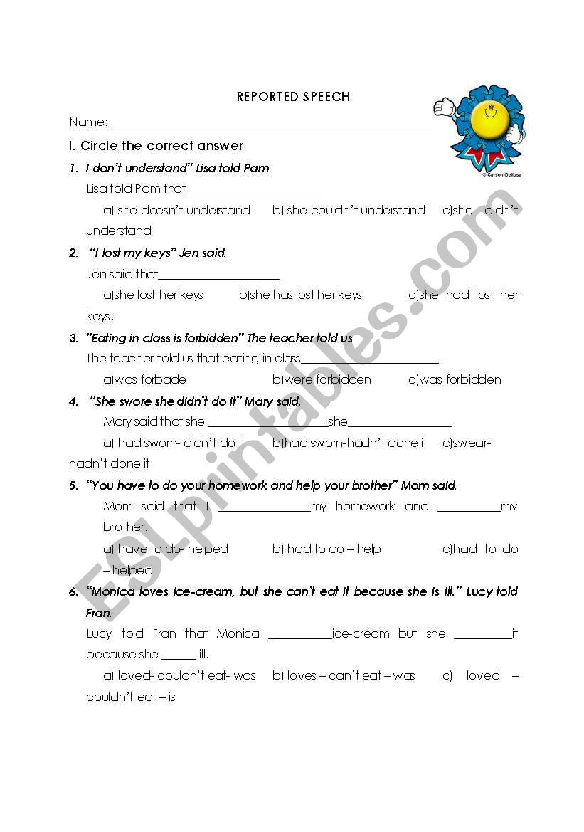 Reported Speech worksheet