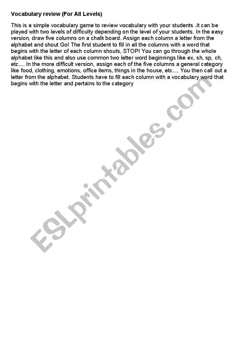 A Game to Review Vocabulary worksheet