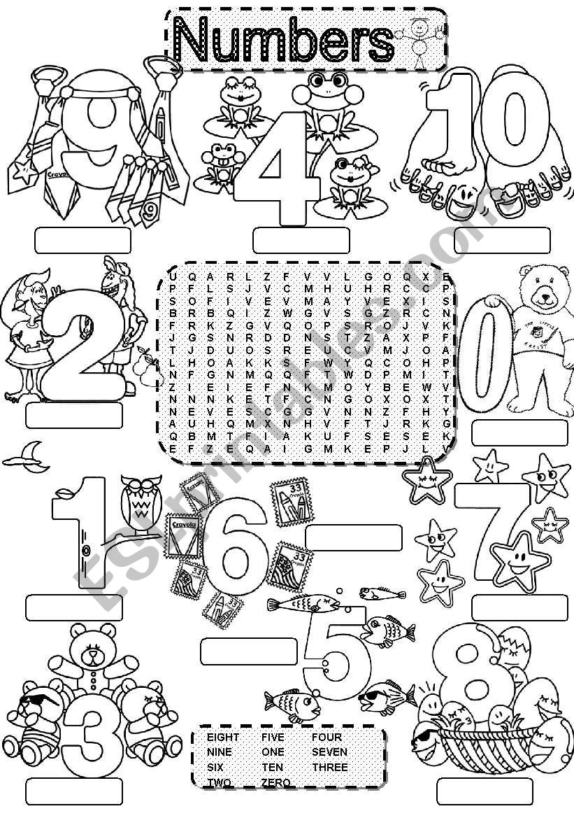 Wordsearch NUMBERS ONE TO TEN worksheet