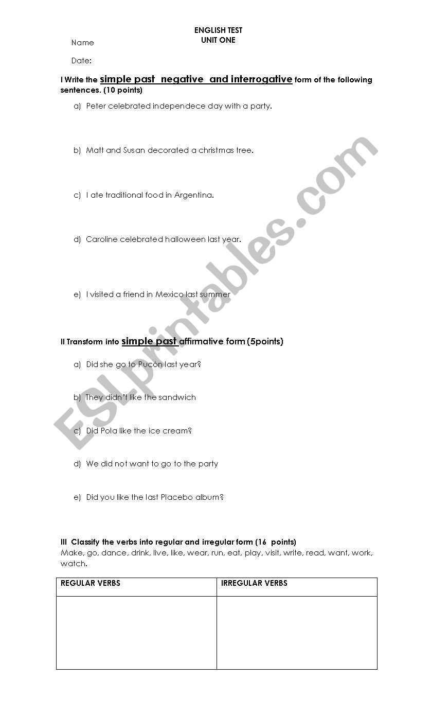 Simple past and present test worksheet