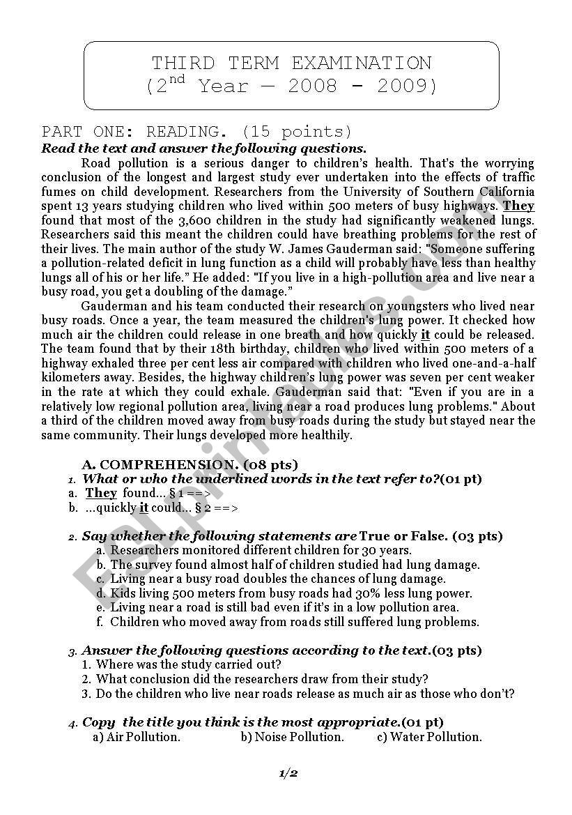 Air Pollution worksheet