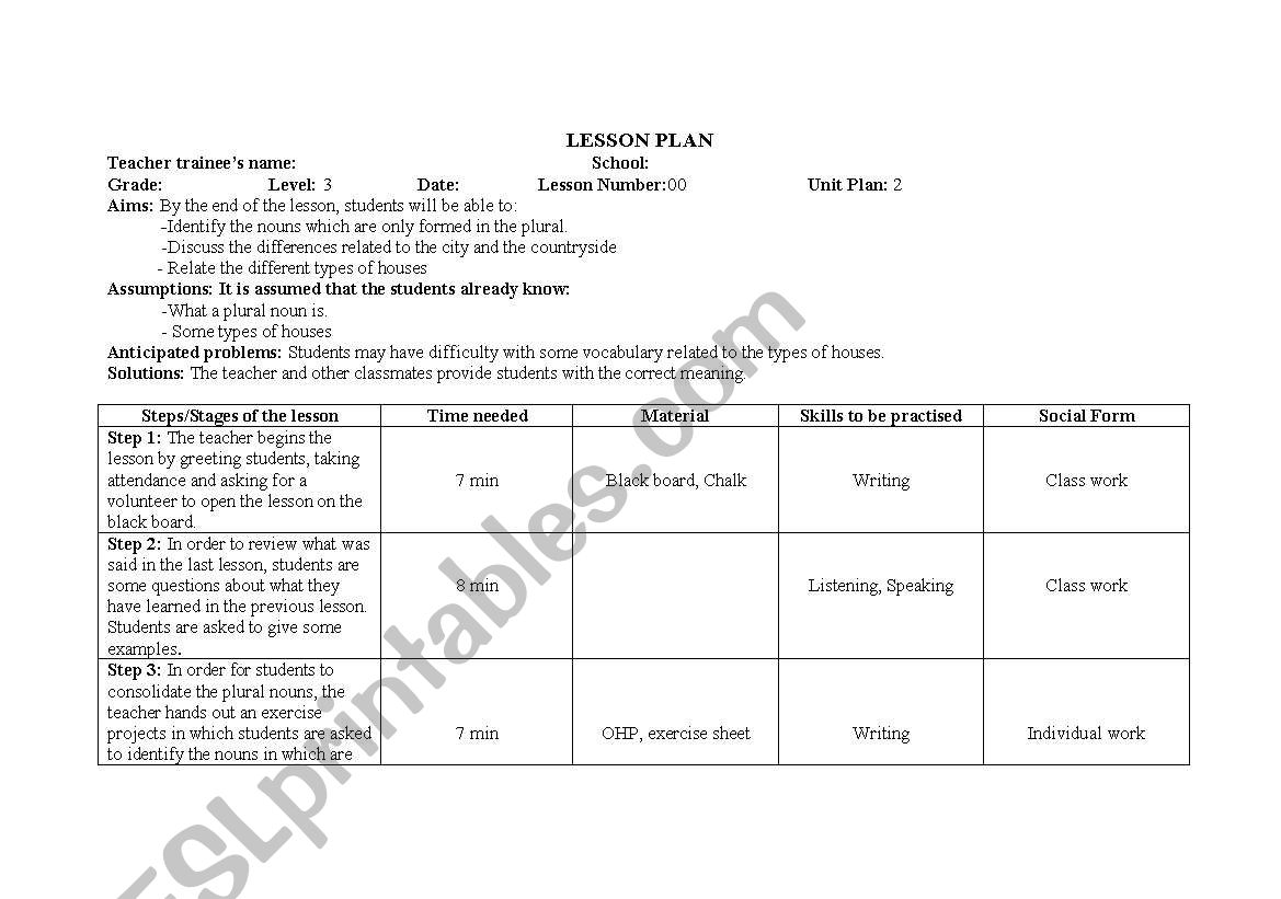 Lesson plan on types of houses