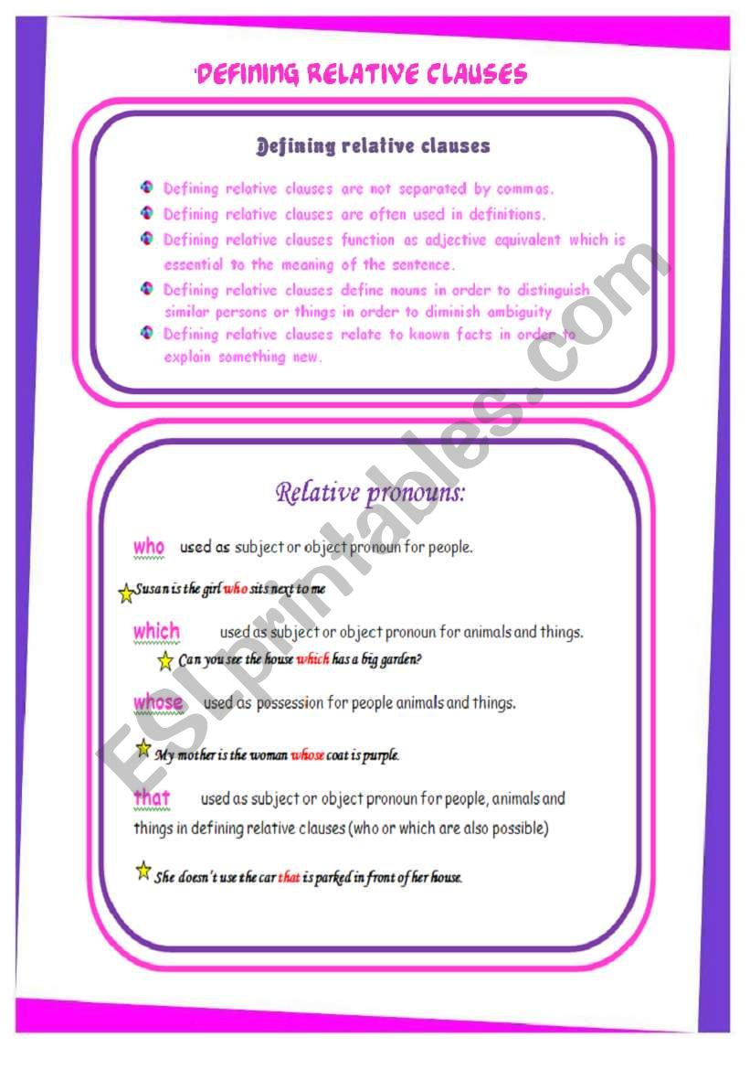 DEFINING RELATIVE CLAUSES worksheet