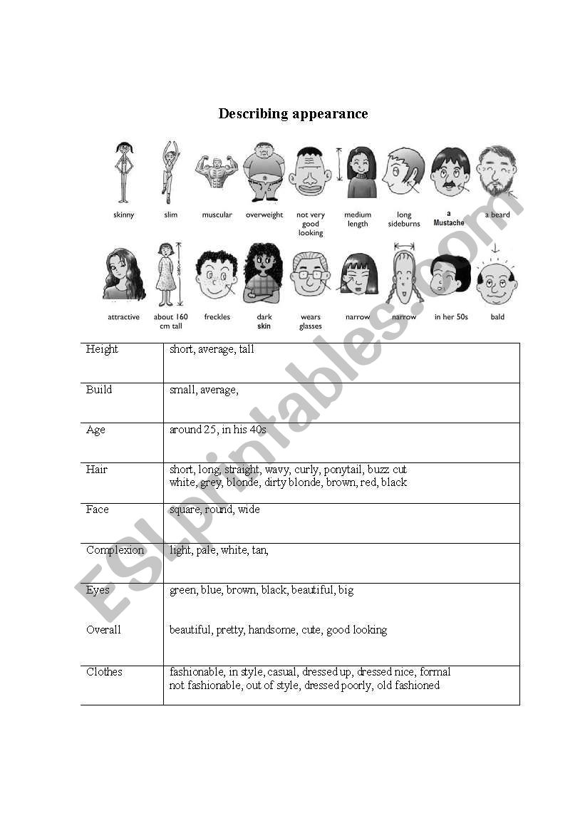Describing appearance worksheet