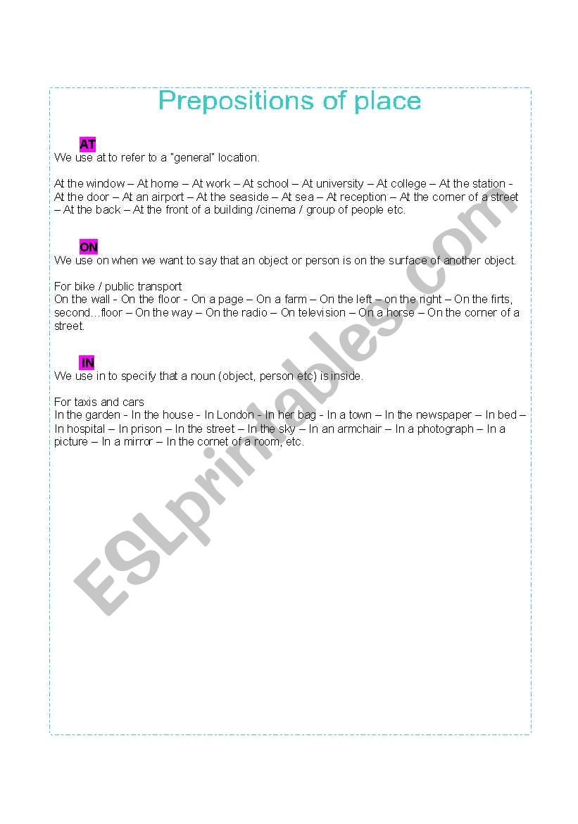 Prepositions of place worksheet