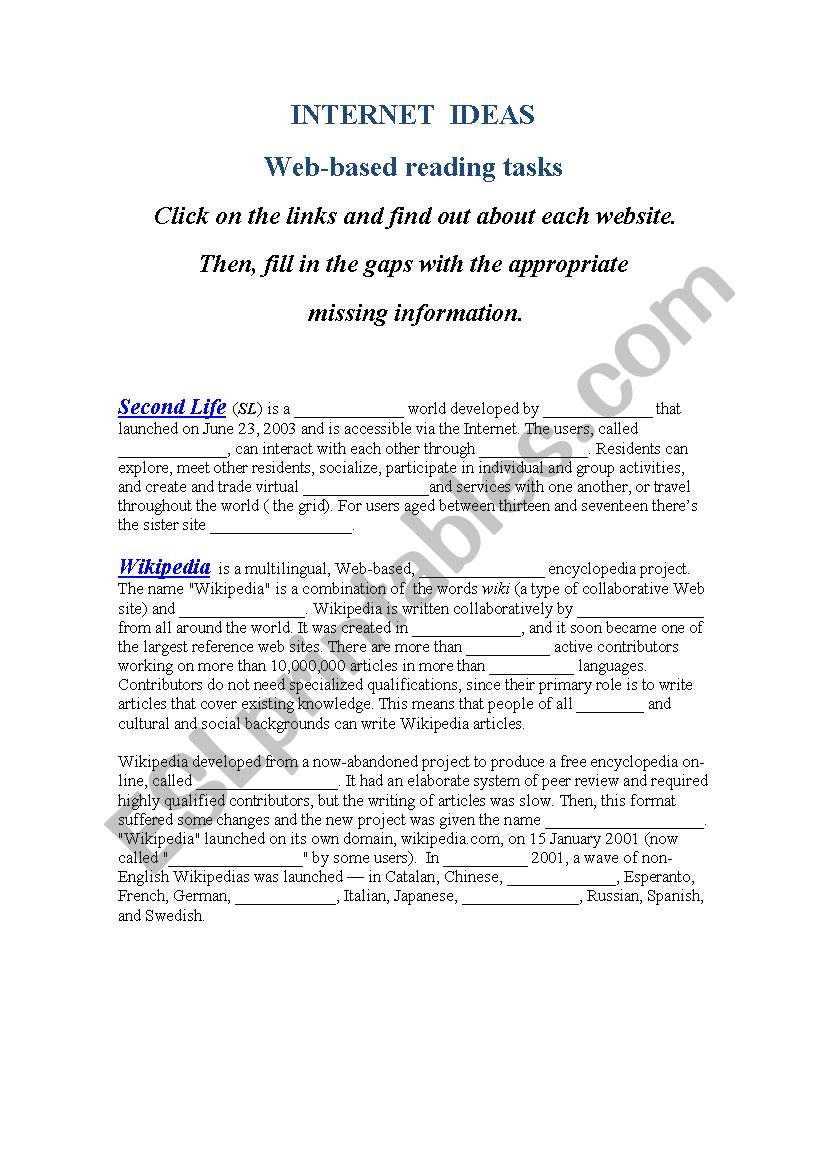 Internet Ideas worksheet