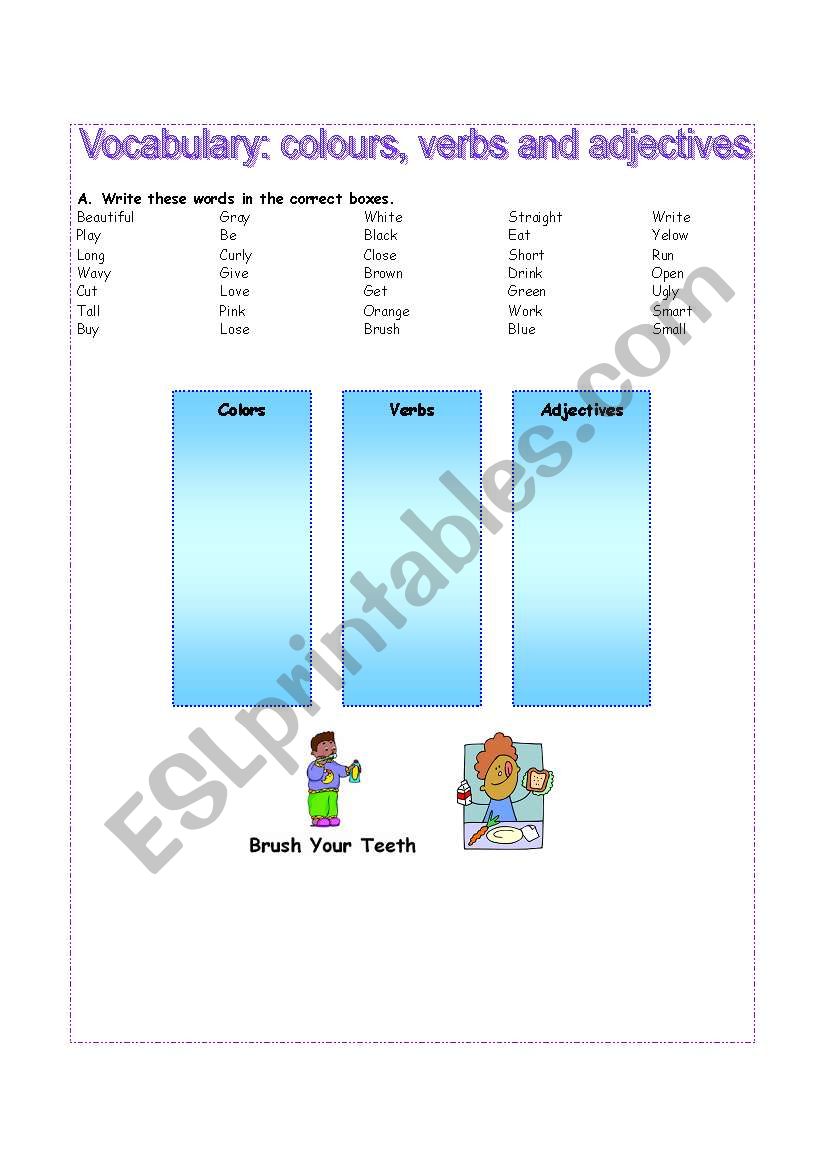 vocabulary: colours, verbs and adjectives