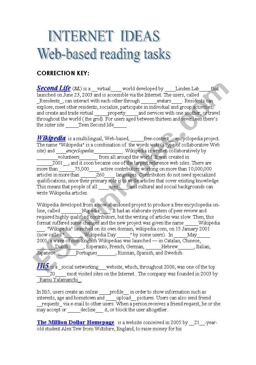 Internet Ideas - Correction worksheet