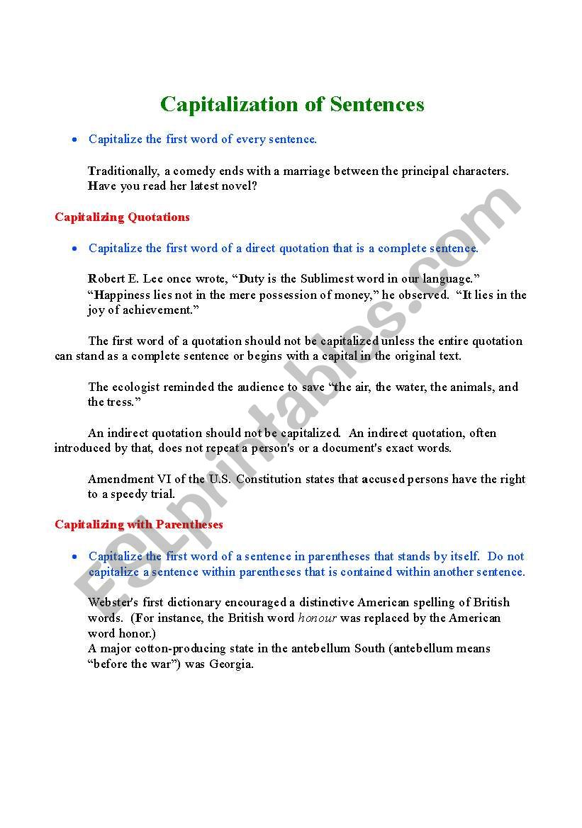 Capitalization of Sentences worksheet