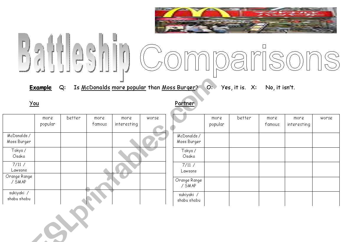 Comparisons Batleship worksheet