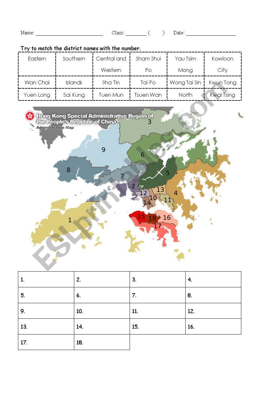 Hong Kong Districts worksheet