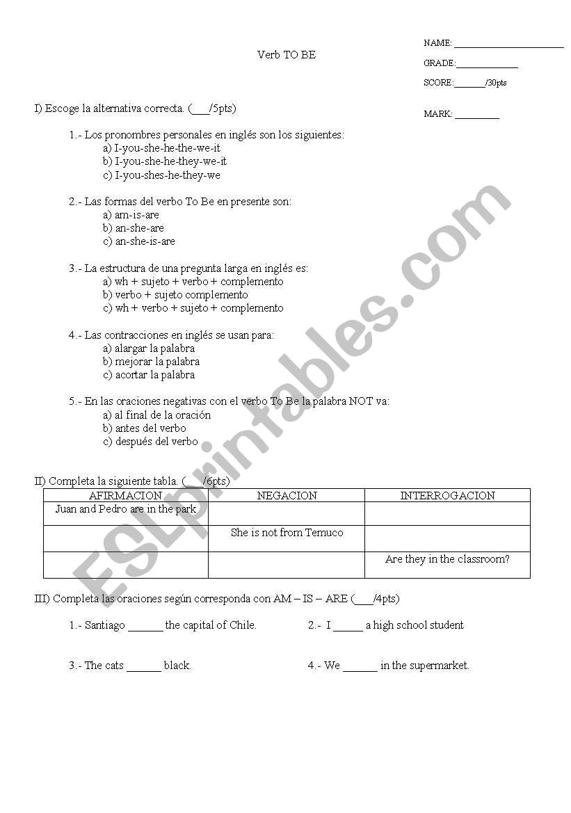 verb to be  worksheet