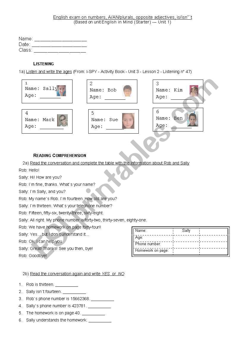 numbers, reading comprehension (basic info: name, age, nationality,etc)