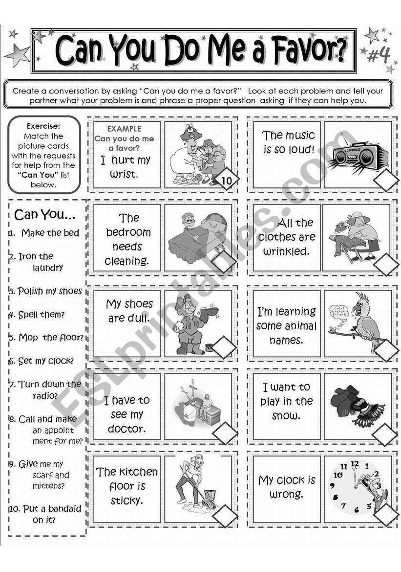 CAN YOU DO ME A FAVOR? Card 4 BLACKLINE COPYMASTER ESL worksheet by susiebelle