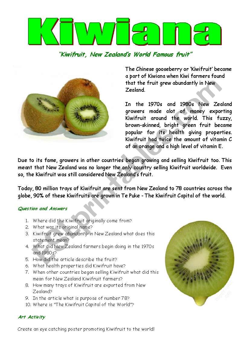 The New Zealand Kiwifruit worksheet