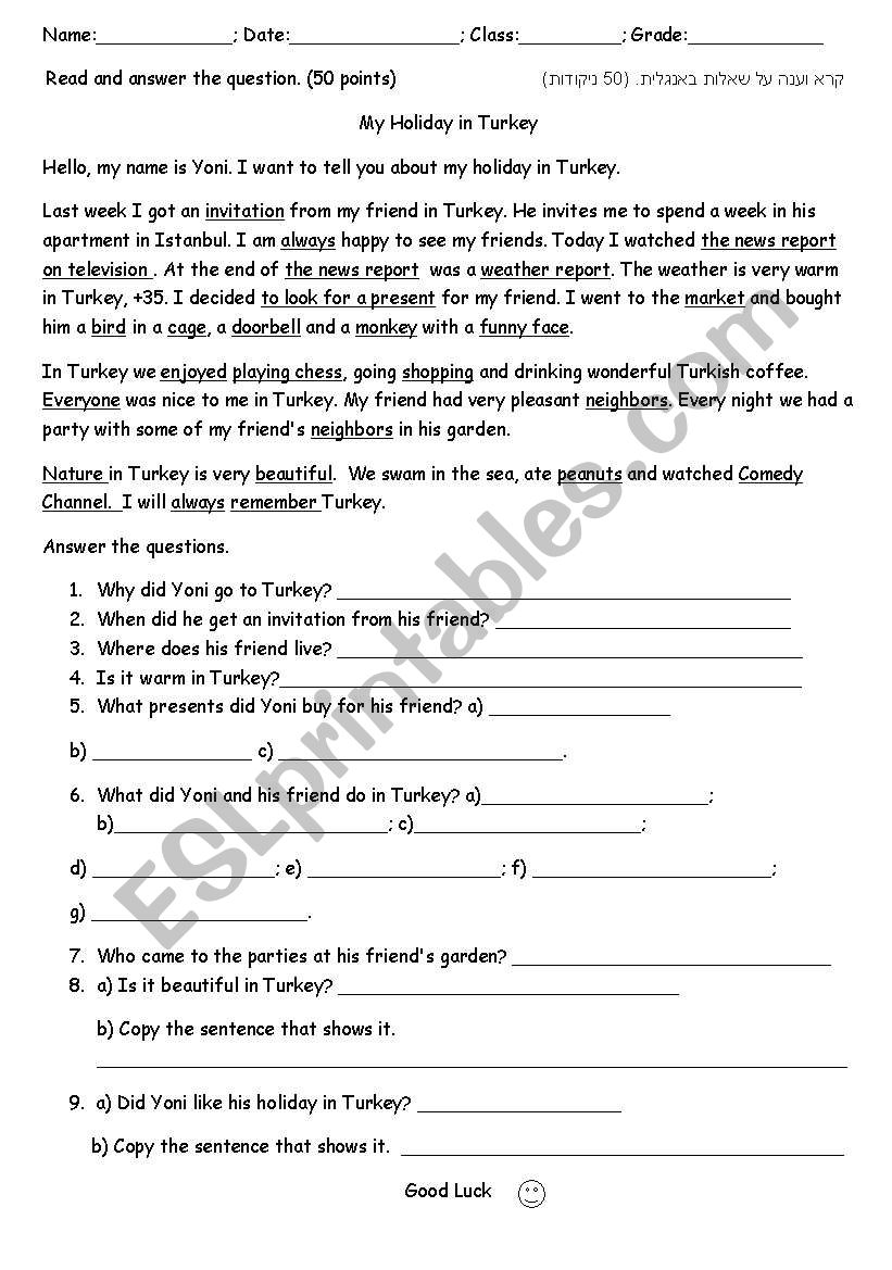 My Holiday in Turkey worksheet