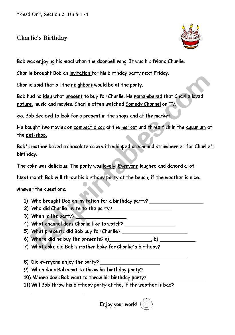 Charlies Birthday worksheet