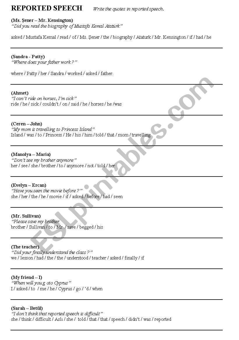 reported speech worksheet