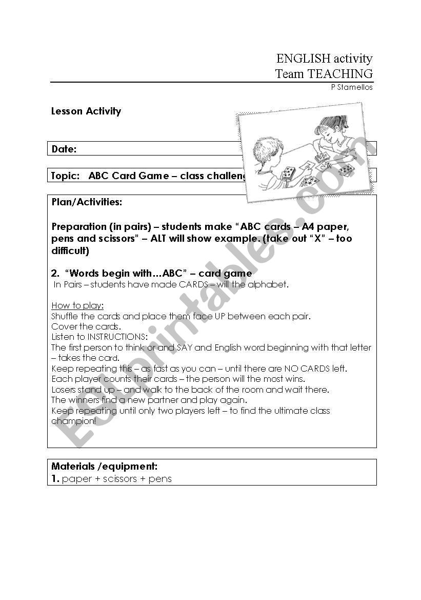 ABC Snap card game worksheet