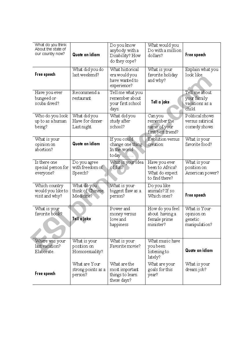 pick a subject and talk worksheet