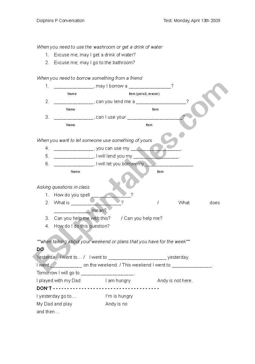 ESL Classroom conversation worksheet