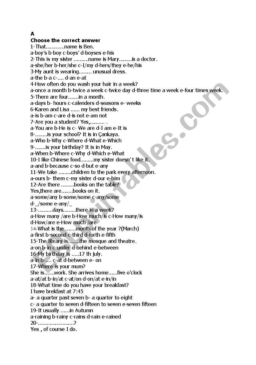 multiple choice questions worksheet