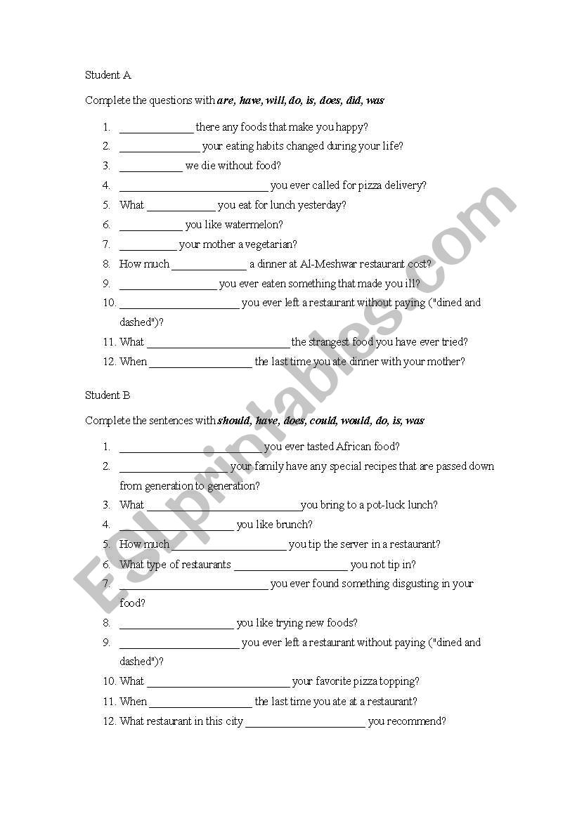 Speaking (food)  worksheet