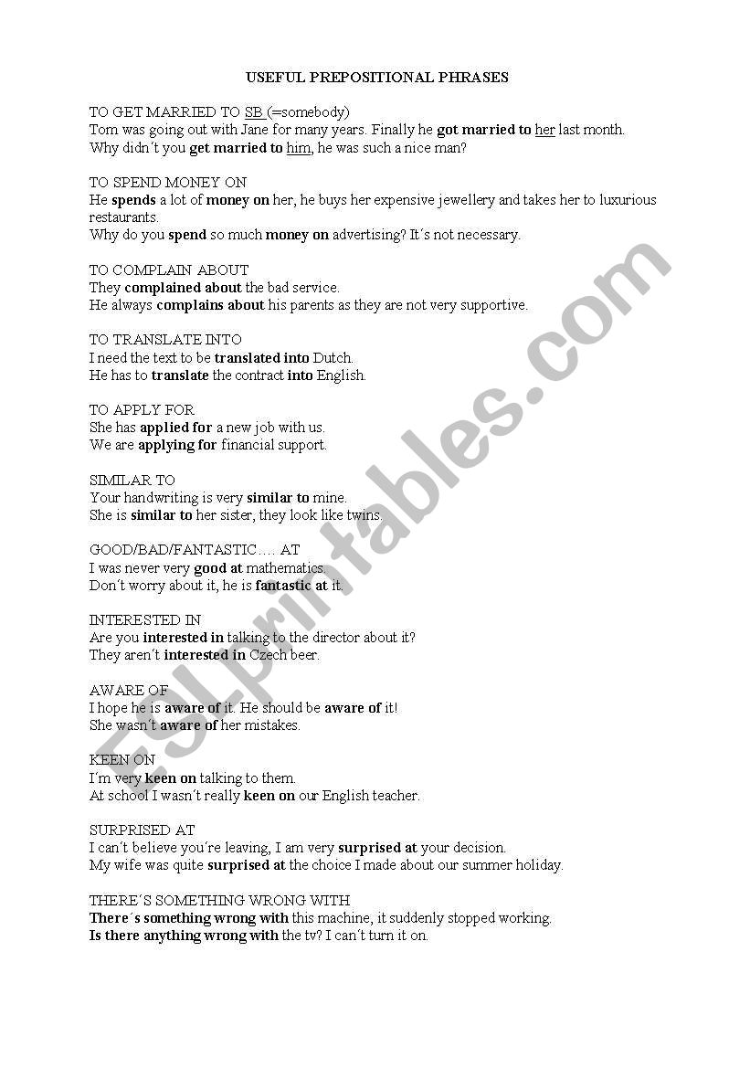 Useful prepositional phrases worksheet