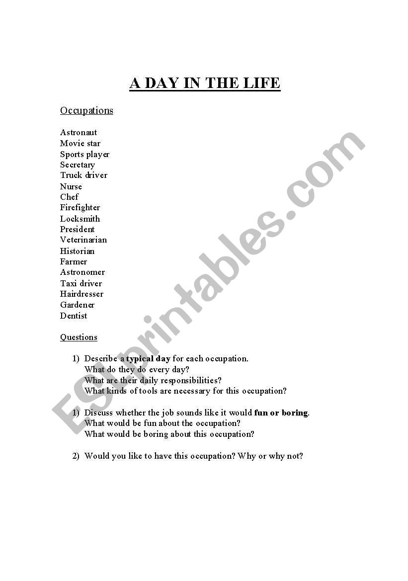 A DAY IN THE LIFE worksheet