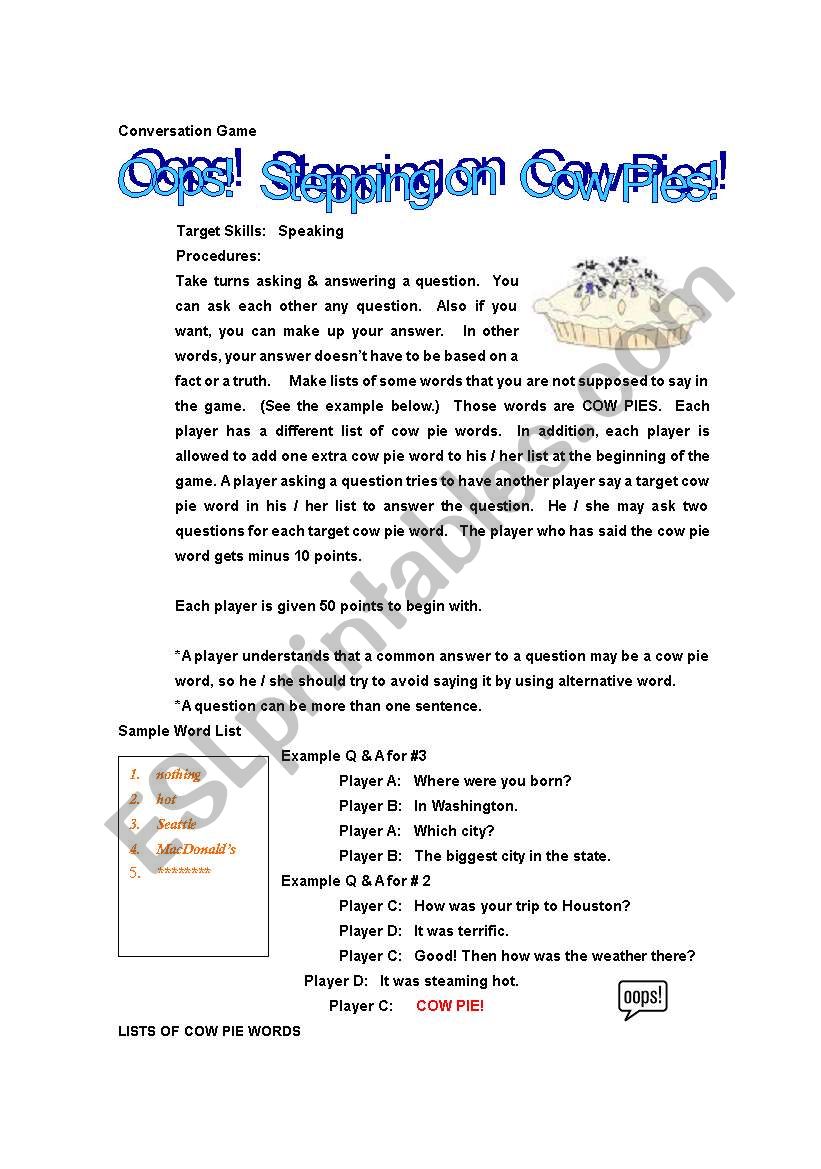 Steepin on Cow Pies worksheet