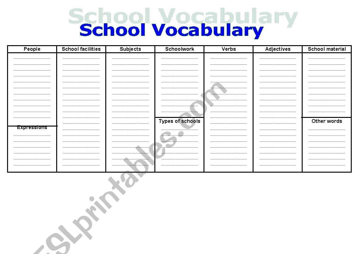 School vocabulary grid + school vocabulary dictionary