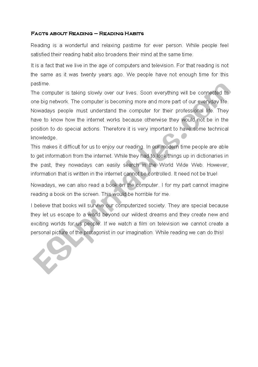 Facts about reading worksheet