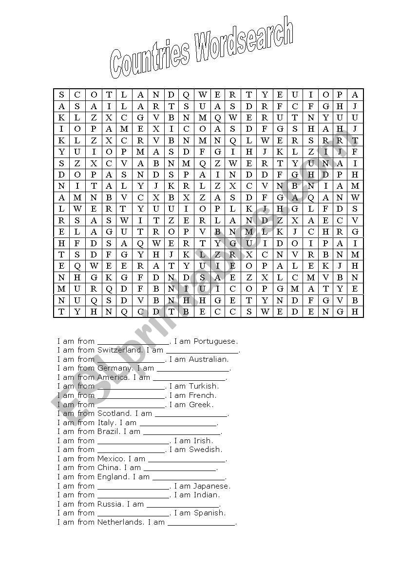 Countries Word Search worksheet