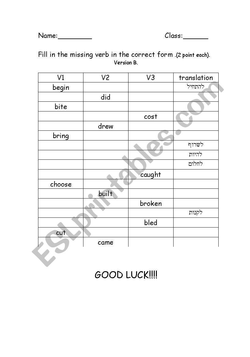 25 irregular verbs worksheet