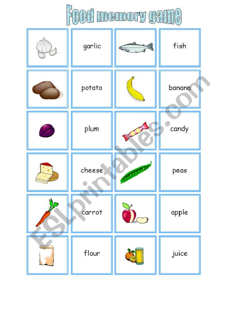 memory cards for food worksheet