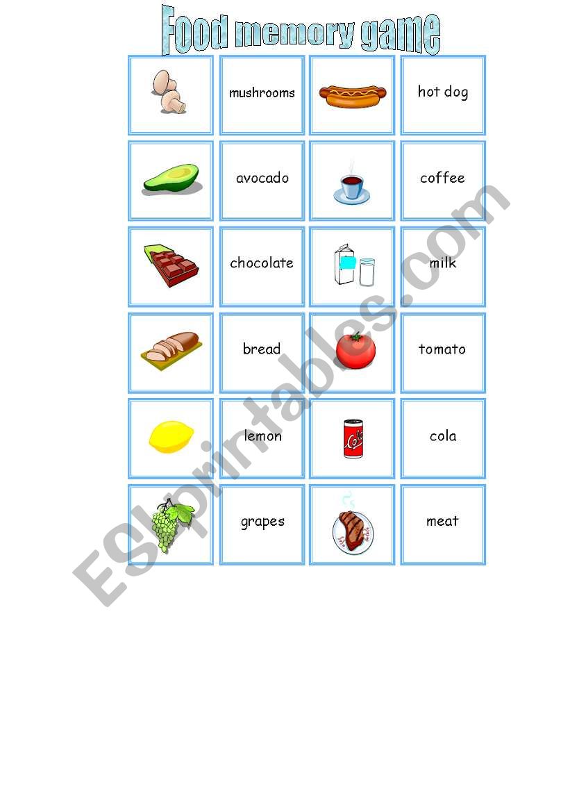 memory cards for food worksheet