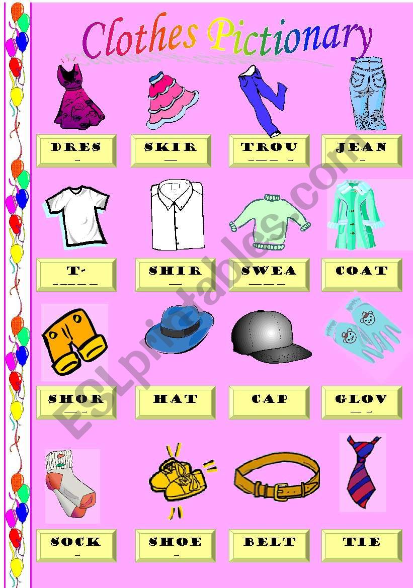 Clothes pictionary worksheet