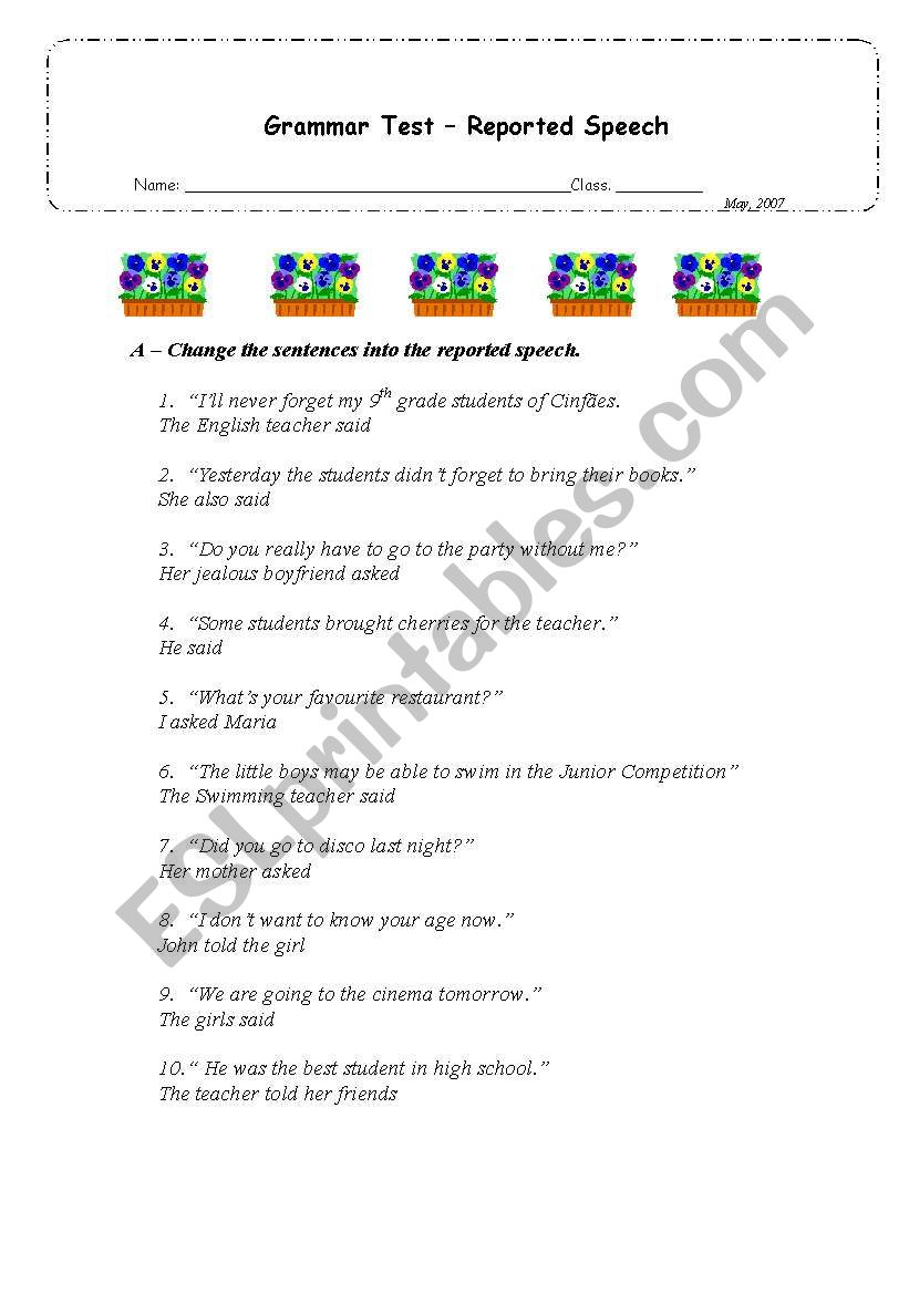 Reported speech test worksheet