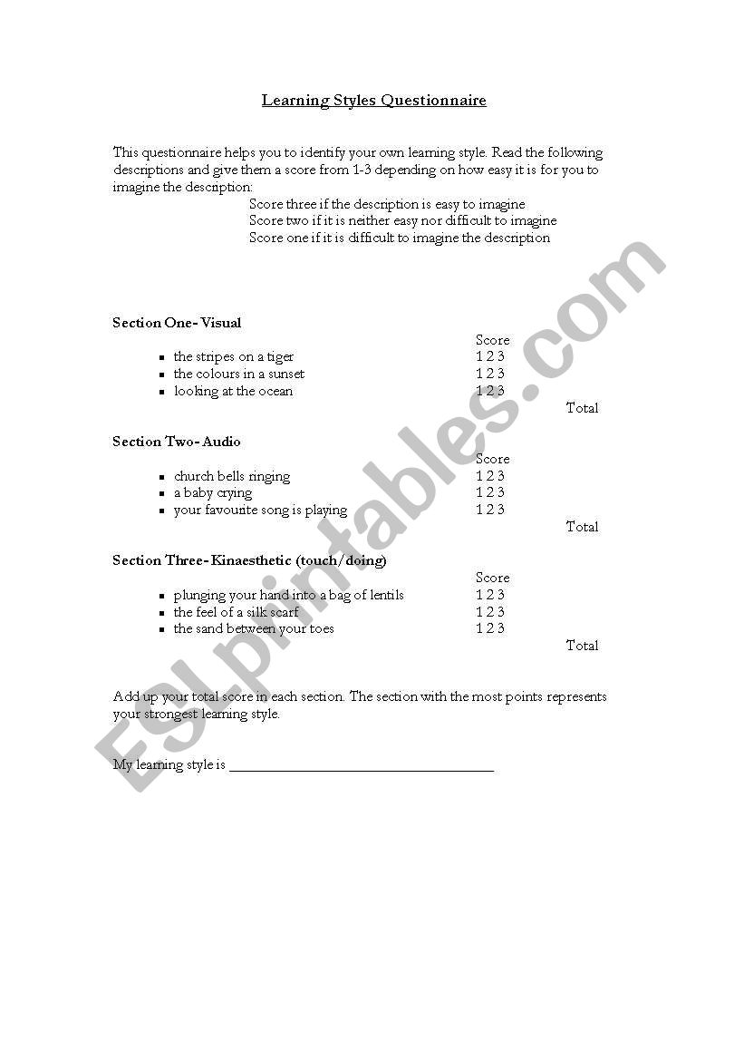 Learning Styles Questionnaire worksheet