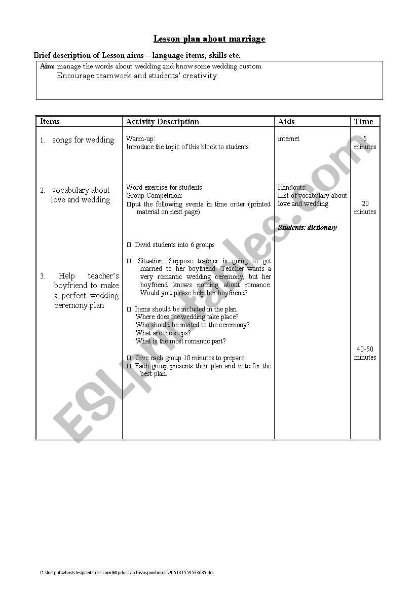 lesson plan about marriage worksheet