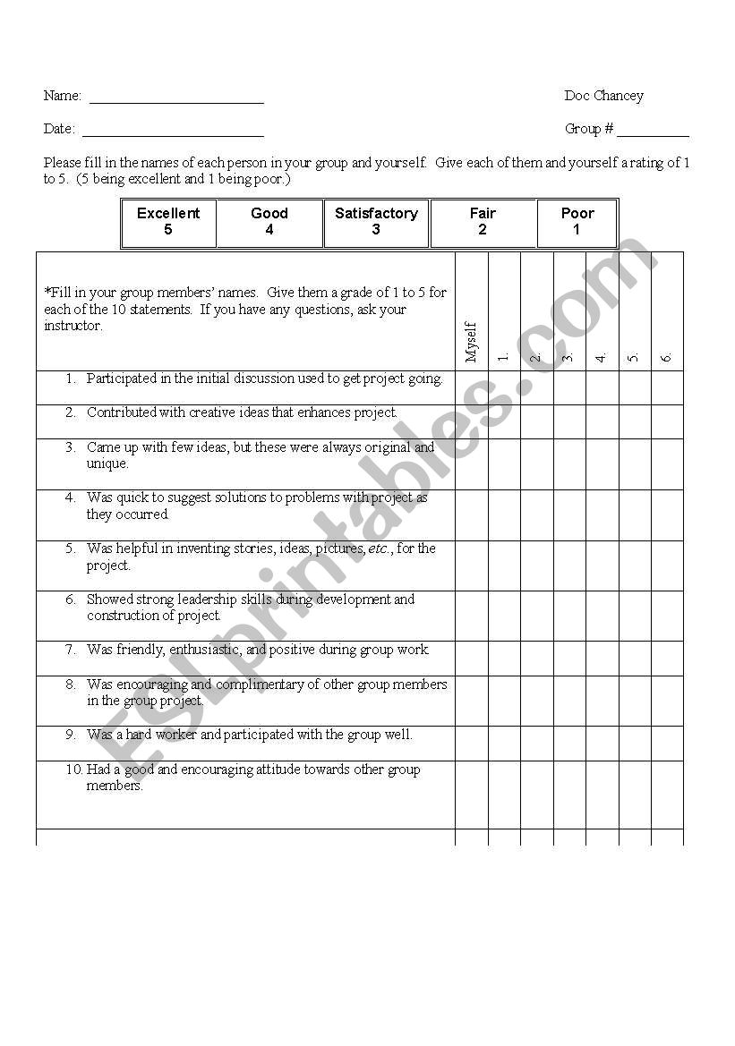 Small Group Evaluation Form worksheet
