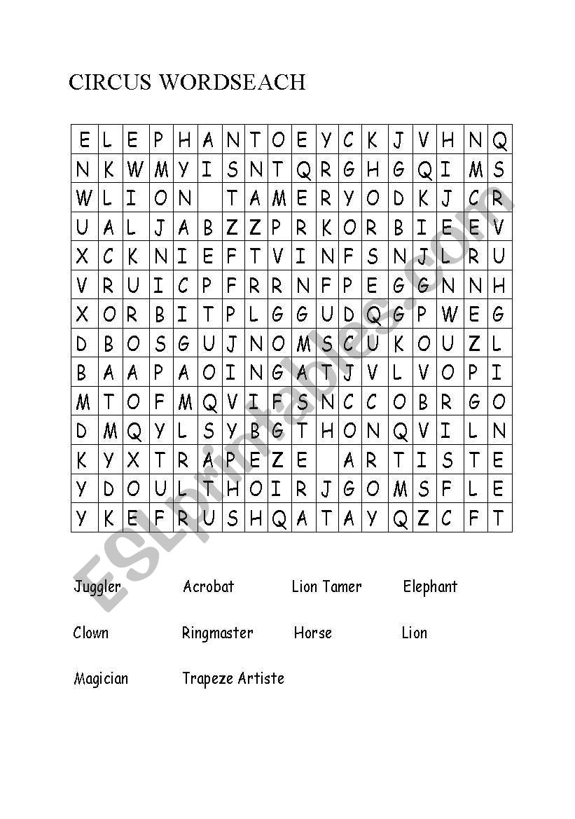 circus wordsearch worksheet